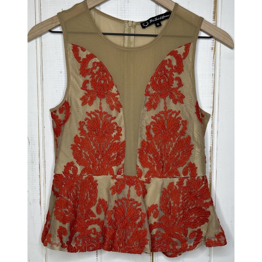 For Love & Lemons Red Floral Lace Nude Illusions Sheer Mesh Peplum Tank Top Sz S
